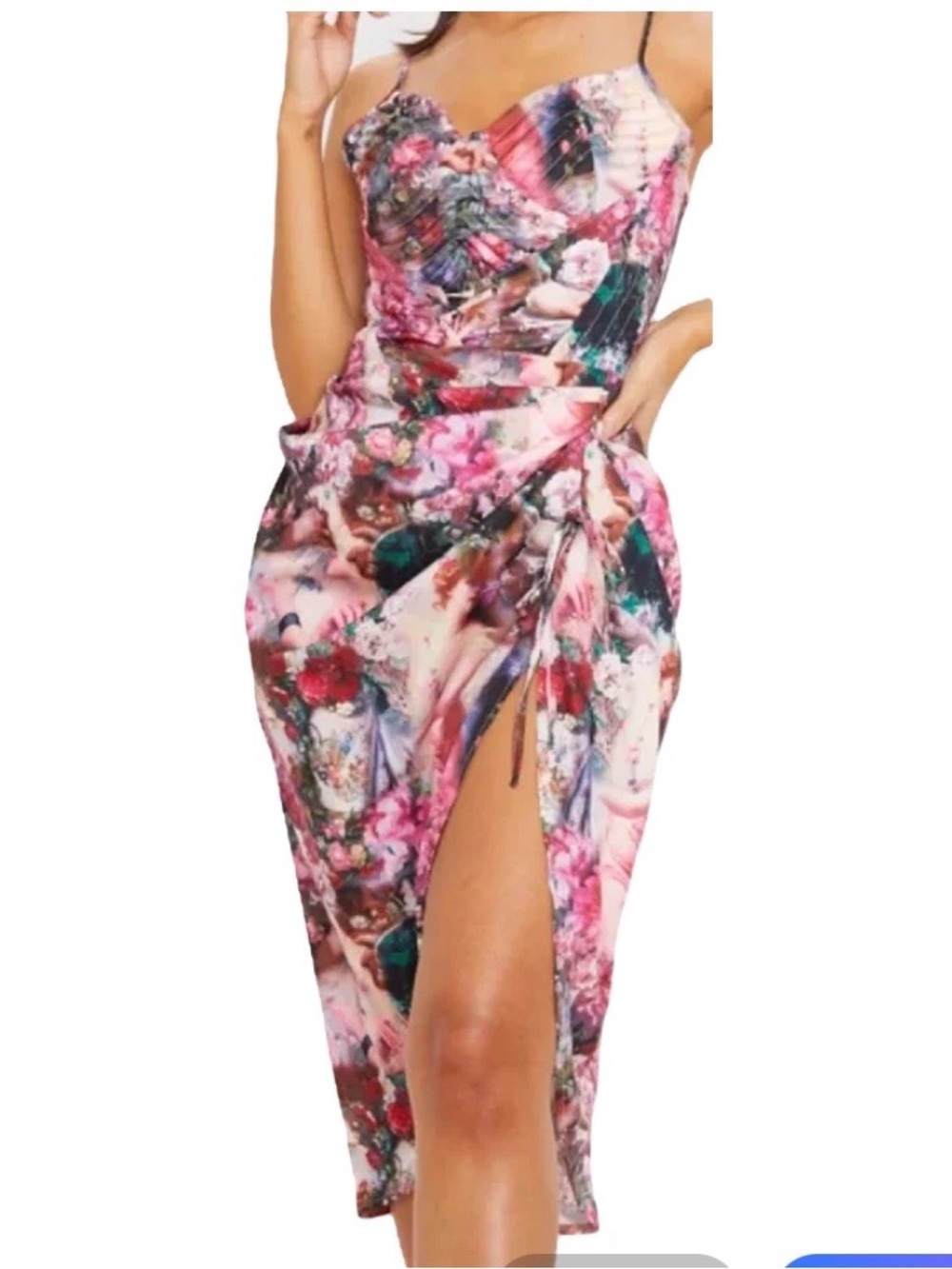 Pretty Little Thing Floral Renaissance Set Corset Top and Ruched Midi Skirt US 4